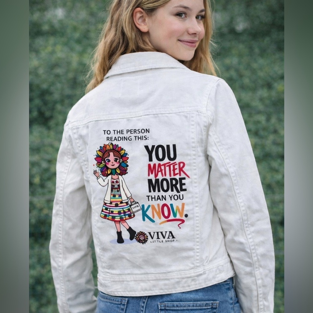 Custom White Denim Jacket “You Matter More Than You Know” Graphic size youth L